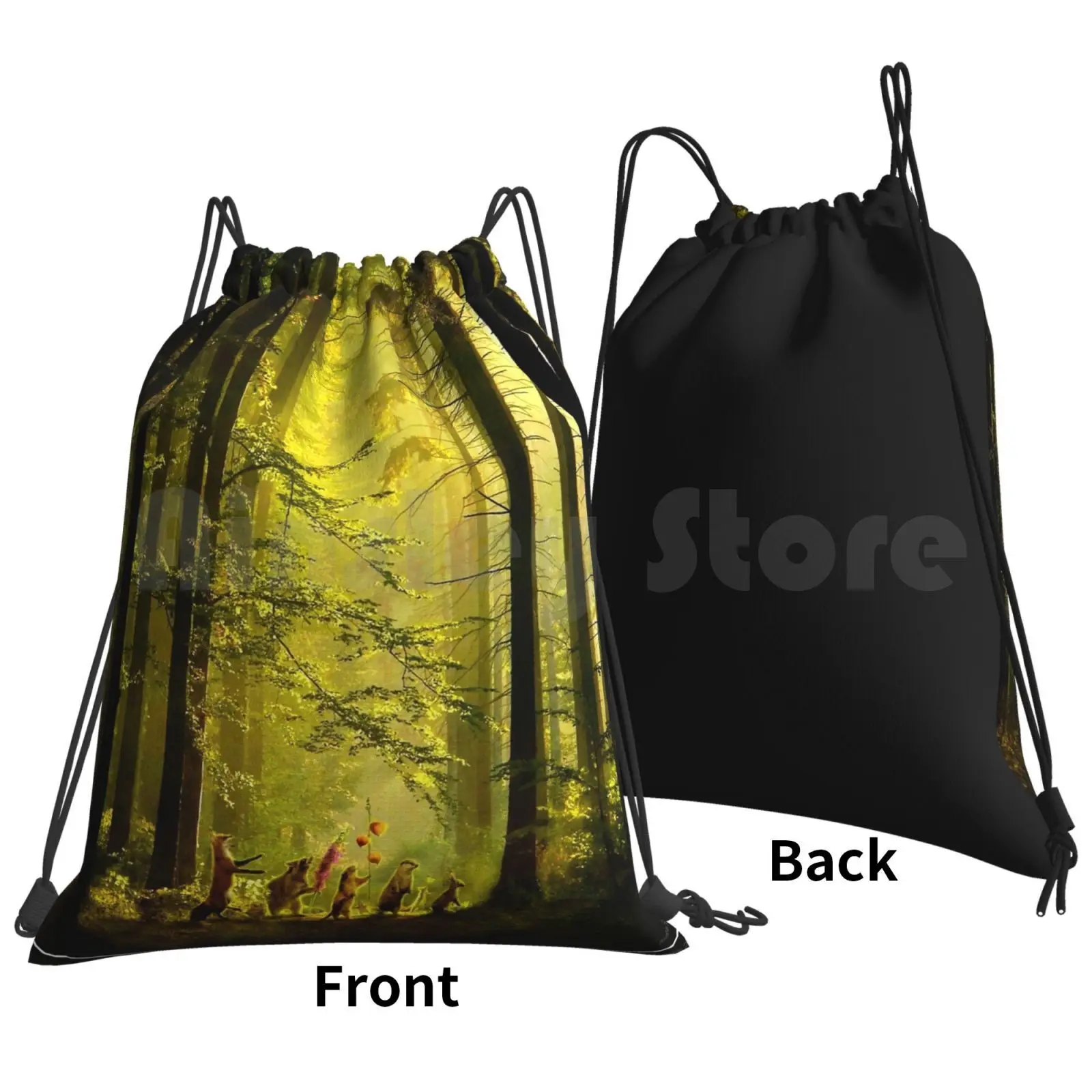 The Secret Parade Backpack Drawstring Bag Riding Climbing Gym Bag  Trees Forest Green Light Animals Party Celebration