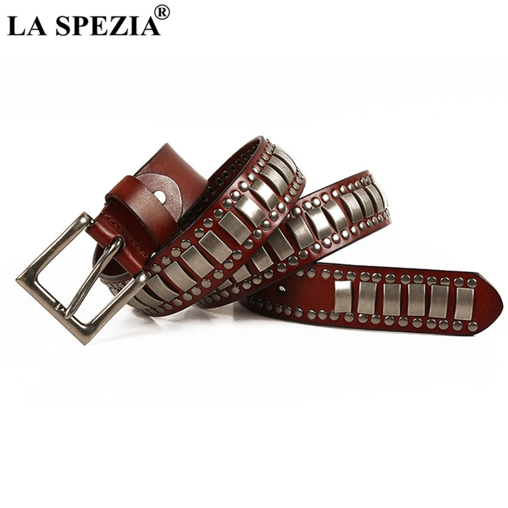 LA SPEZIA Rivet Men Genuine Leather Rock Belt Brown Male Belts High Quality Novelty Motorbike Autumn Punk Clothing Accessories
