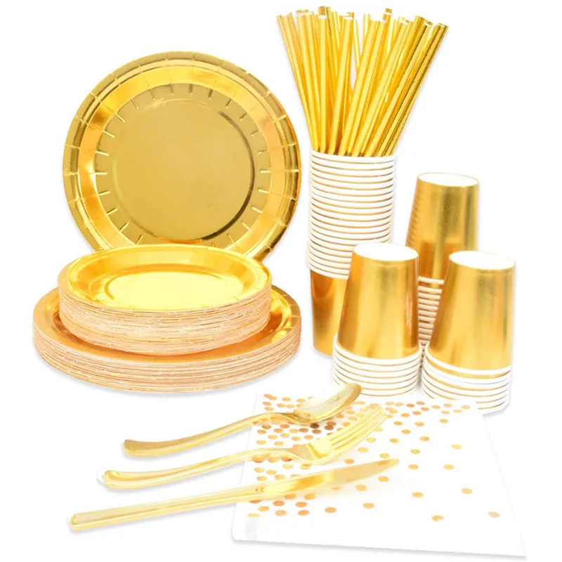 10People Party The number of suitable golden paper party Disposable tableware for birthday party decor cake paper plates