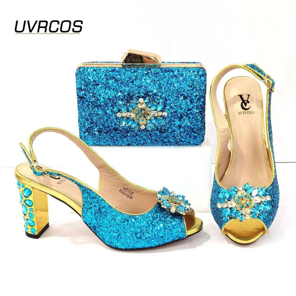 Nigerian Fashion New Arrival Italian Design Crystal and Appliques Decoration Style Women Shoes and Bag Set in Gold Color Sweet