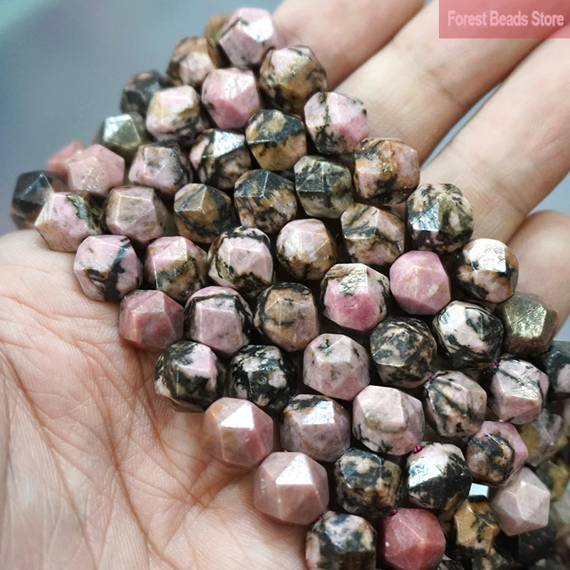 Faceted Natural Stone Black Lace Rhodonite Spacers Beads DIY Charms Bracelet Necklace for Jewelry Making 14