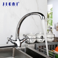 JIENI 360 Swivel Chrome Brass Kitchen Faucet 2 Handles Stainless Steel Stream Spout Kitchen Sink Tap Hot & Cold Water Mixer Tap