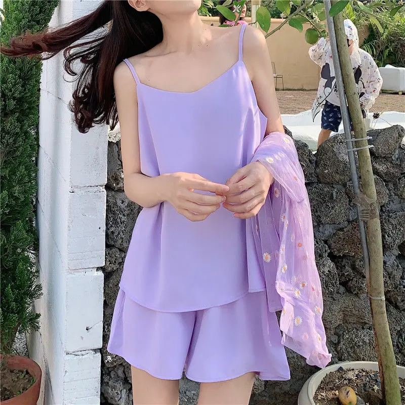 Korean Sweet Daisy Summer Clothing Sets for Women 2024 New Fashion Girls Student Sling Shorts Purple Sun Protection Shirt Suits