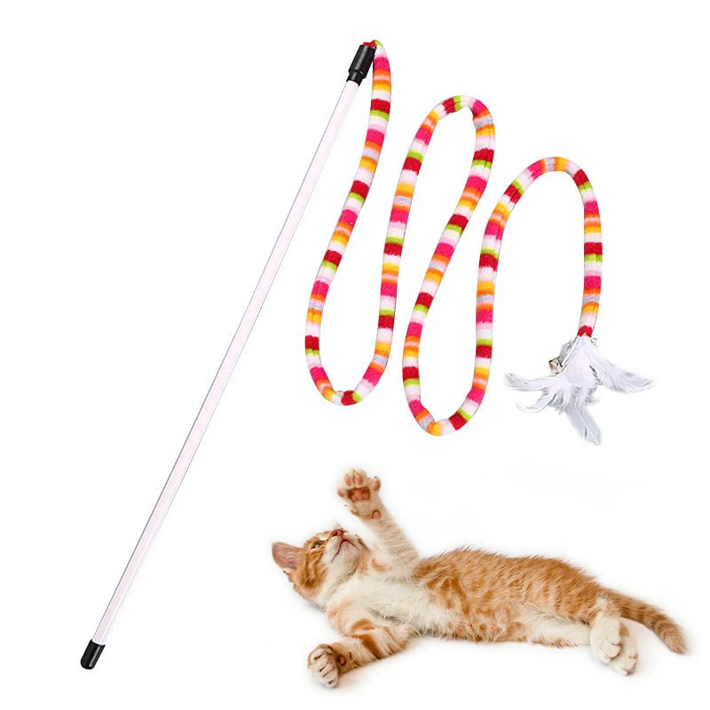 Pet Cat Kitten Toy Rainbow Teaser Wand Feather Rod Cat Interactive Chaser Wand