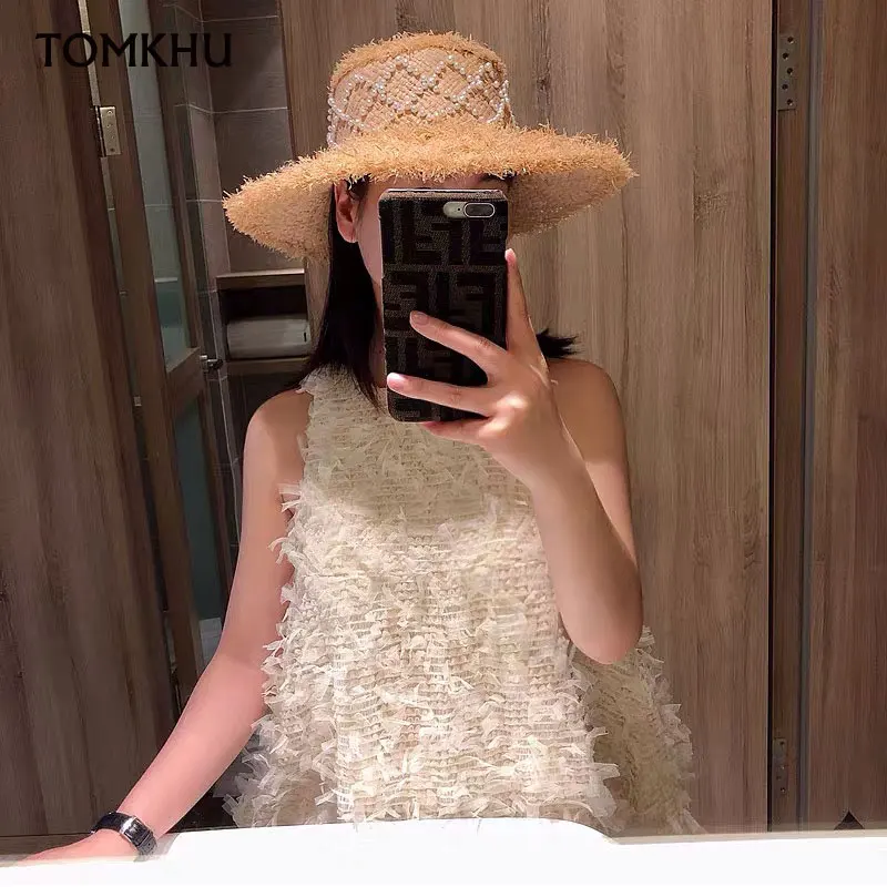 Ladies Elegant Small Fragrance Style Big Brim Raffia Straw Hat Edging Women Caps Handmade Summer Holiday Wedding Shooting Beach