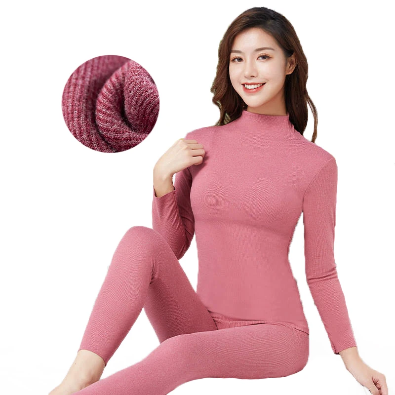 

Women Knitted Turtleneck Long Johns Thermal Suit Underwear Autumn Winter Thermo Underwear Sets Female Shapewear Shirts + Pants 1