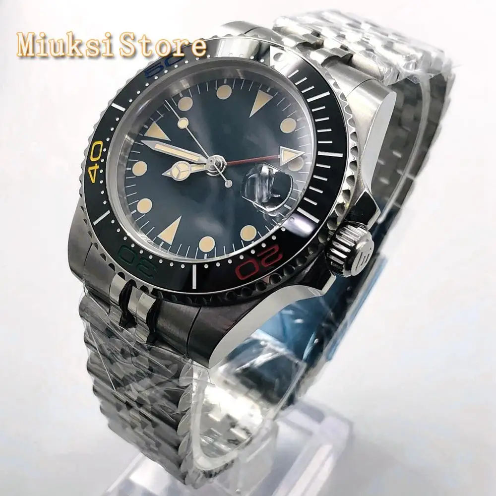 

Bliger 40mm mens top luxury warch silver case sapphire glass ceramic bezel blue dial GMT date window waterproof automatic watch