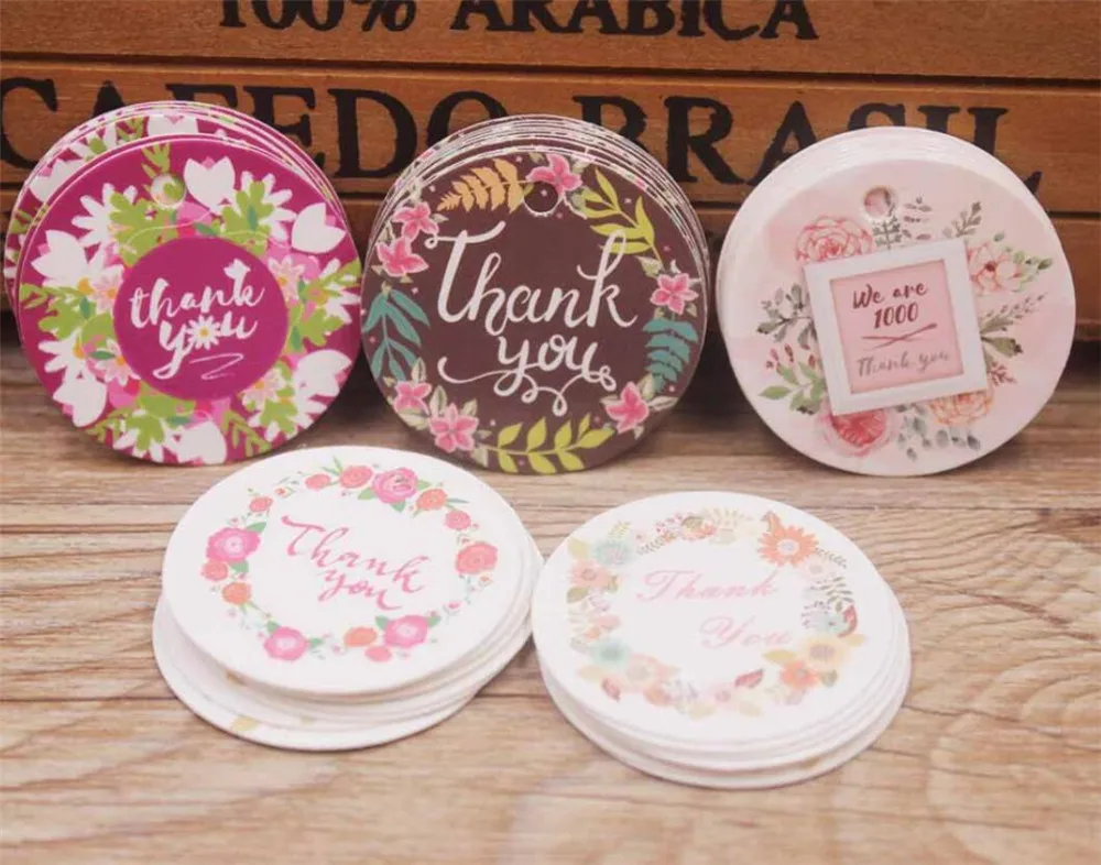 

Hot 400set/lot Gift tag 3x3cm round shape 100pcs handmade with love flower style label white brown color diy