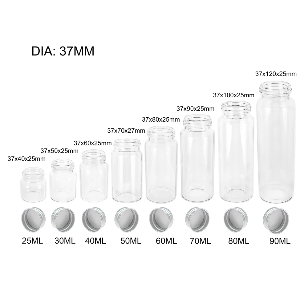 6PC 25ml 30ml 40ml 50ml 60ml 70ml 80ml 90ml Mini szklane przezroczysta butelka z srebrna śruba aluminiowa czapka pojemnik na jedzenie słoiki fiolki
