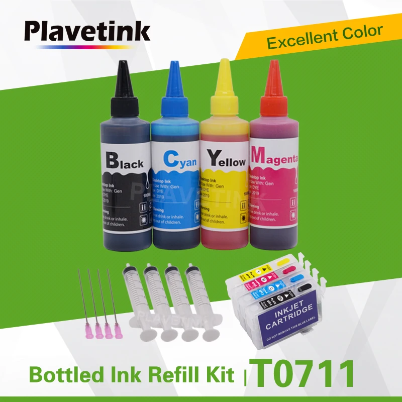 Plavetink 100ml Printer Ink Refill Kit+Refillable Ink Cartridge T0711 T0712 T0713 T0714 For Epson Stylus SX100 SX110 Printer Ink