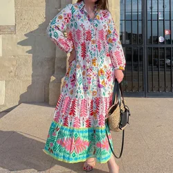 XEASY Summer Women Beach Style Patchwork Floral Print Lapel  Midi Dress Female Chic Wrist Sleeve Casual Thin Slim Dresses