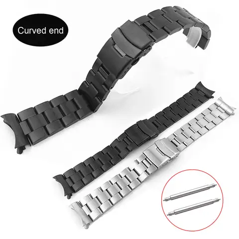 남성용 스테인레스 스틸 시계 밴드 링크 팔찌 손목 시계 밴드, 곡선 끝, 18mm, 20mm, 22mm, 핀 포함 교체 시계 스트랩