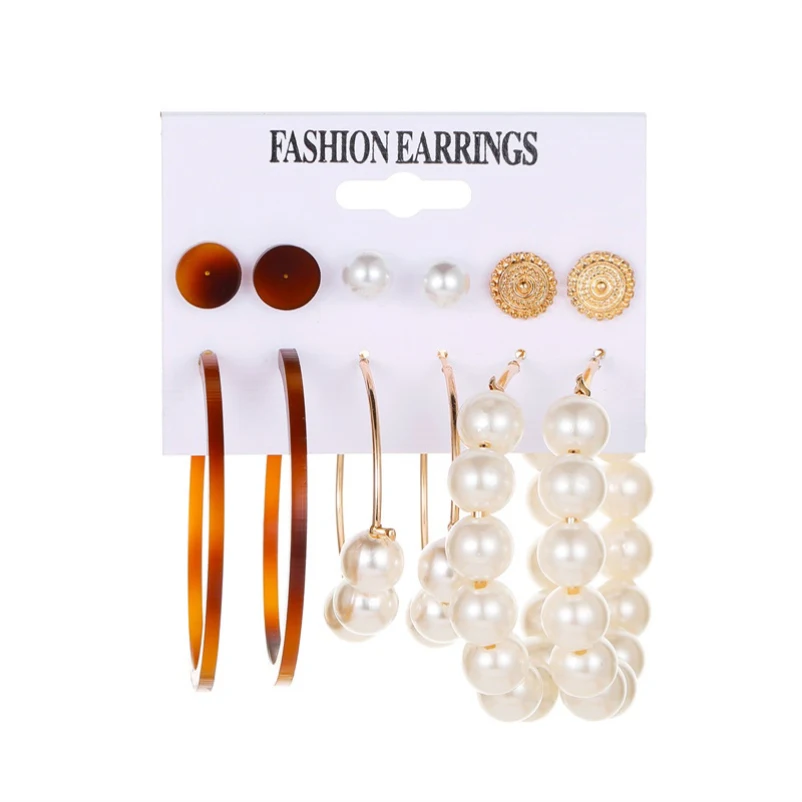 6 Pcs / Set  Simulated Pearl Hollow Circle Exaggerated Red Golden Acetate Sheet Alloy Drop Dangle Earrings For Women