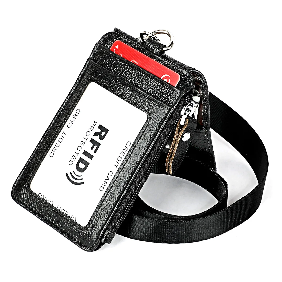 Employee ID Card Badge Holder Genuine Leather Business Bank Credit Card Lanyard Pass Bus Cards Credentials Clip with Neck Strap