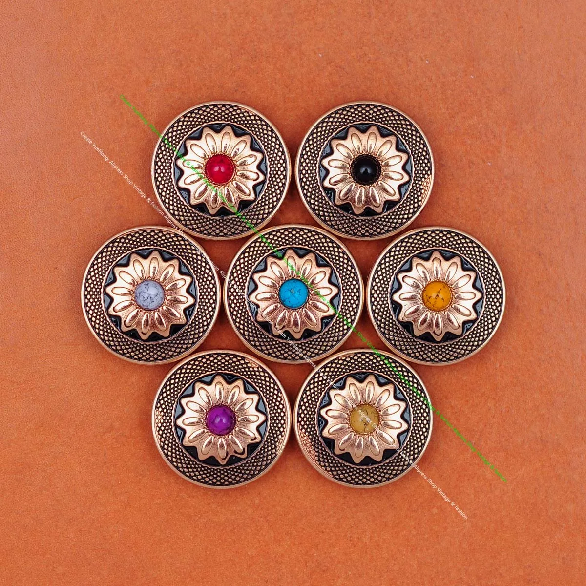 7PC Mix Color Beads Gold Flower Turquoise Leathecraft Wallet Concho Screwback 1