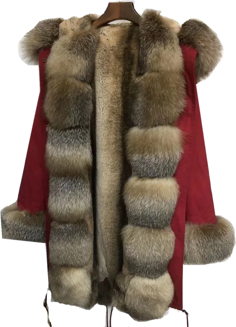 Vintage Red Parka With Natural Color Fur Lining  Long Coat Women Fox Fur Overcoat Winter