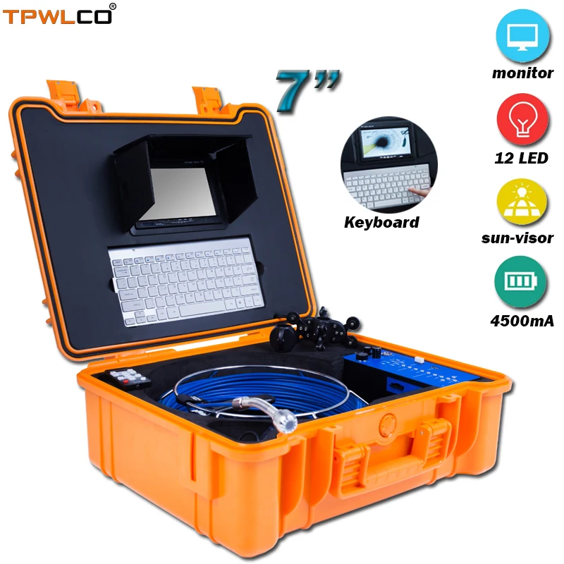 

25mm Waterproof Pipeline Video Inspection Camera With 12pcs LEDS 20m 8GB SD Card DVR Industrial Endoscope System With 7" Monitor