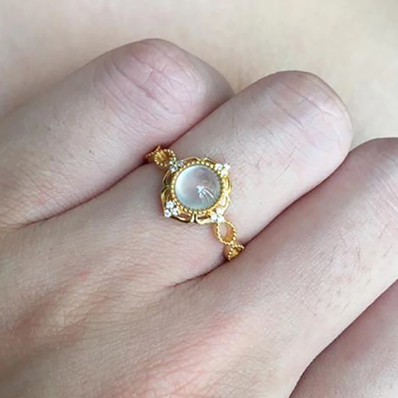 Original new silver inlaid egg round ice crystal chalcedony opening adjustable ring elegant charm creative retro jewelry