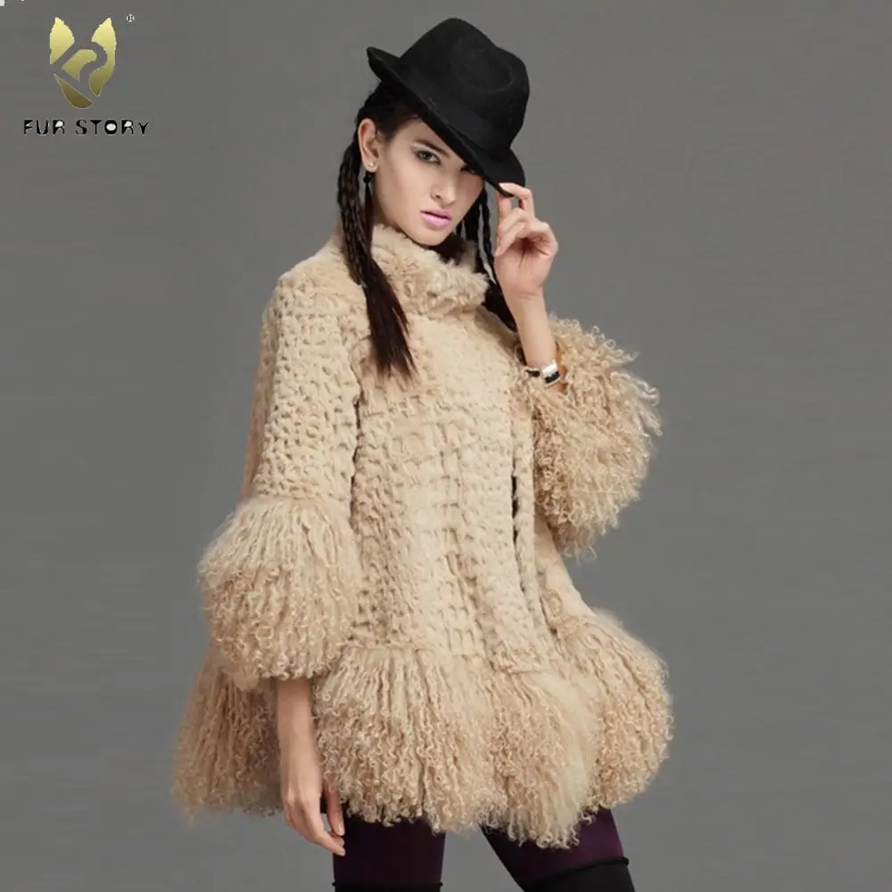 Women's Real Rabbit Fur Coat with Mongolia Lamb Fur Big Skirt Hem Bright Color Natural Fur Coats Female Fur Story FS151180