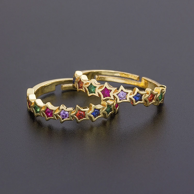 Nidin Fashion Star Moon Cross 12 Styles Copper Zircon Rings Adjustable Rainbow CZ Colorful Crystal Ring Jewelry Gift for Woman