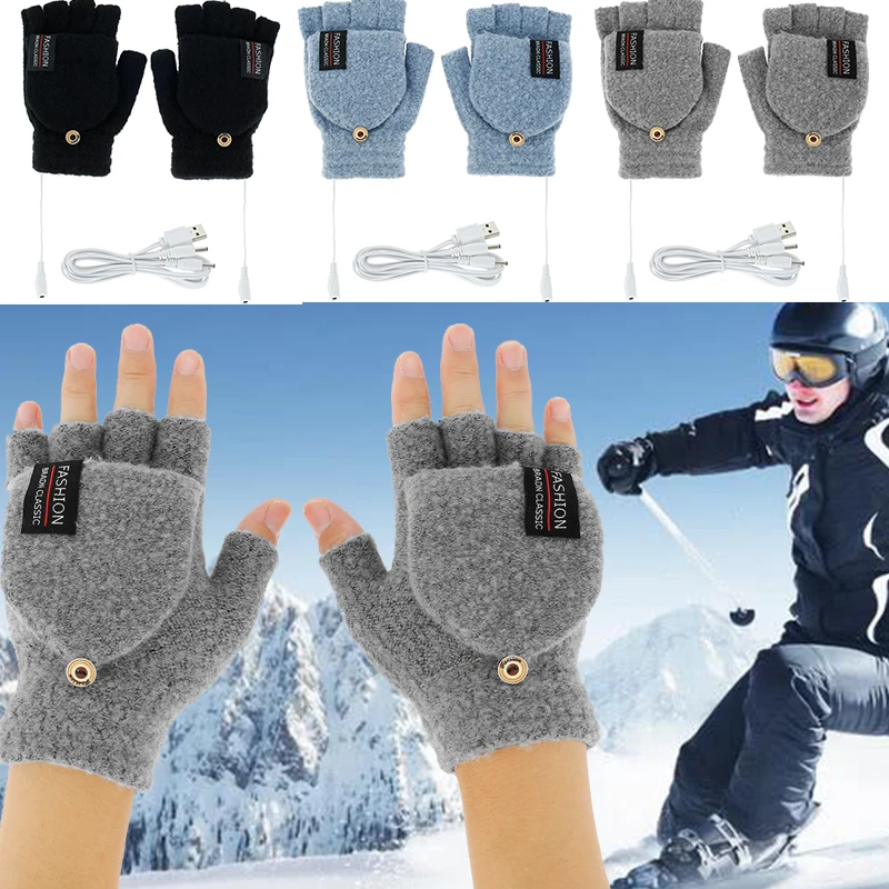 Women Men USB Heated Gloves Winter Thermal Electric Heating Gloves Half Finger Winter Warm Knit Hand Gloves Cycling Skiing Glove