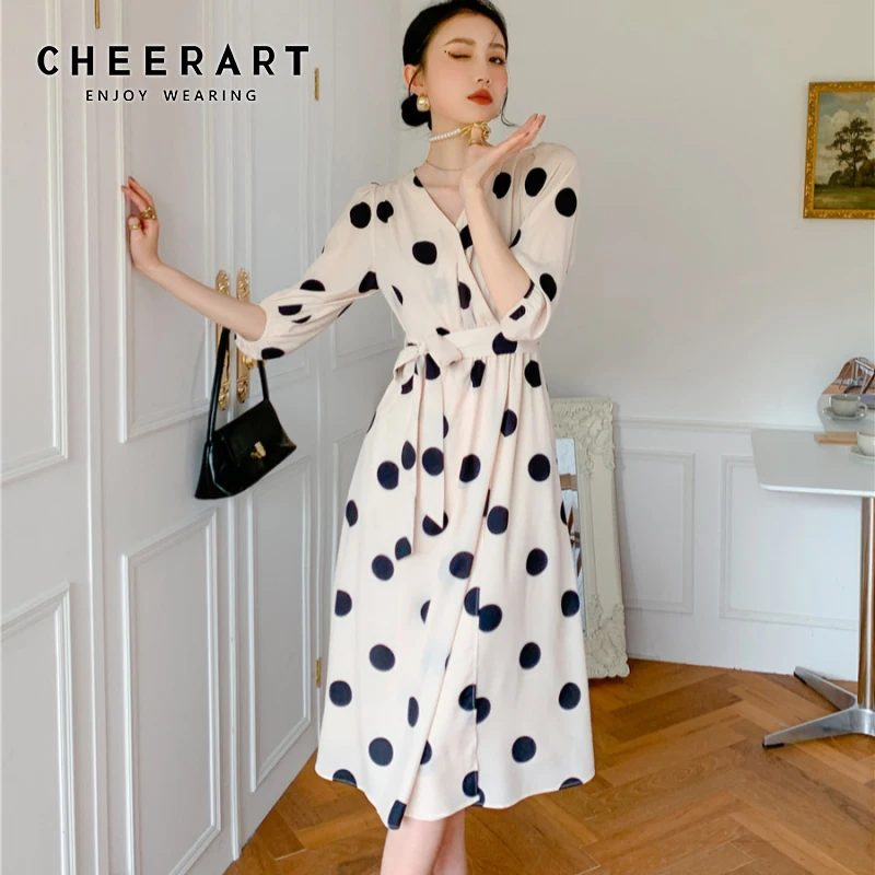 CHEERART Spring Summer 2021 Women Fashion Polka Dot Dress Lace Up V Neck Chiffon Ladies Long Midi Dress Korean Fashion Clothing