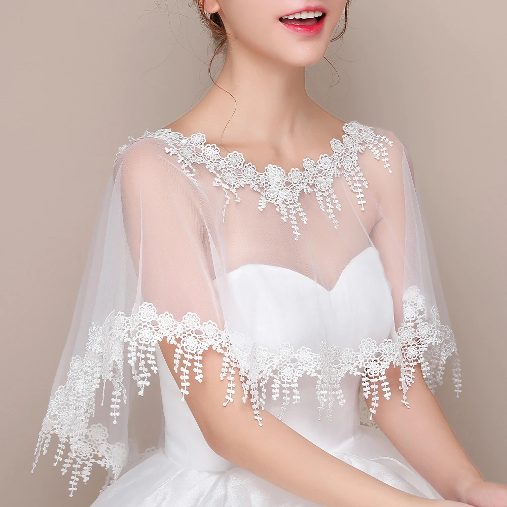 Mantello da sposa da donna con nappa avorio, o-collo, taglia libera, elegante, in tulle trasparente, con bordo in pizzo, accessorio per scialle da ballo