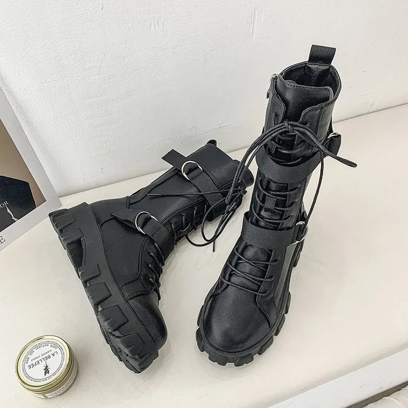 2021 Women Mid-Calf Boots Autumn Winter Punk Genuine Leather Boots Women Zipper Cross-tied Riding Boots High Heels Shoes Woman