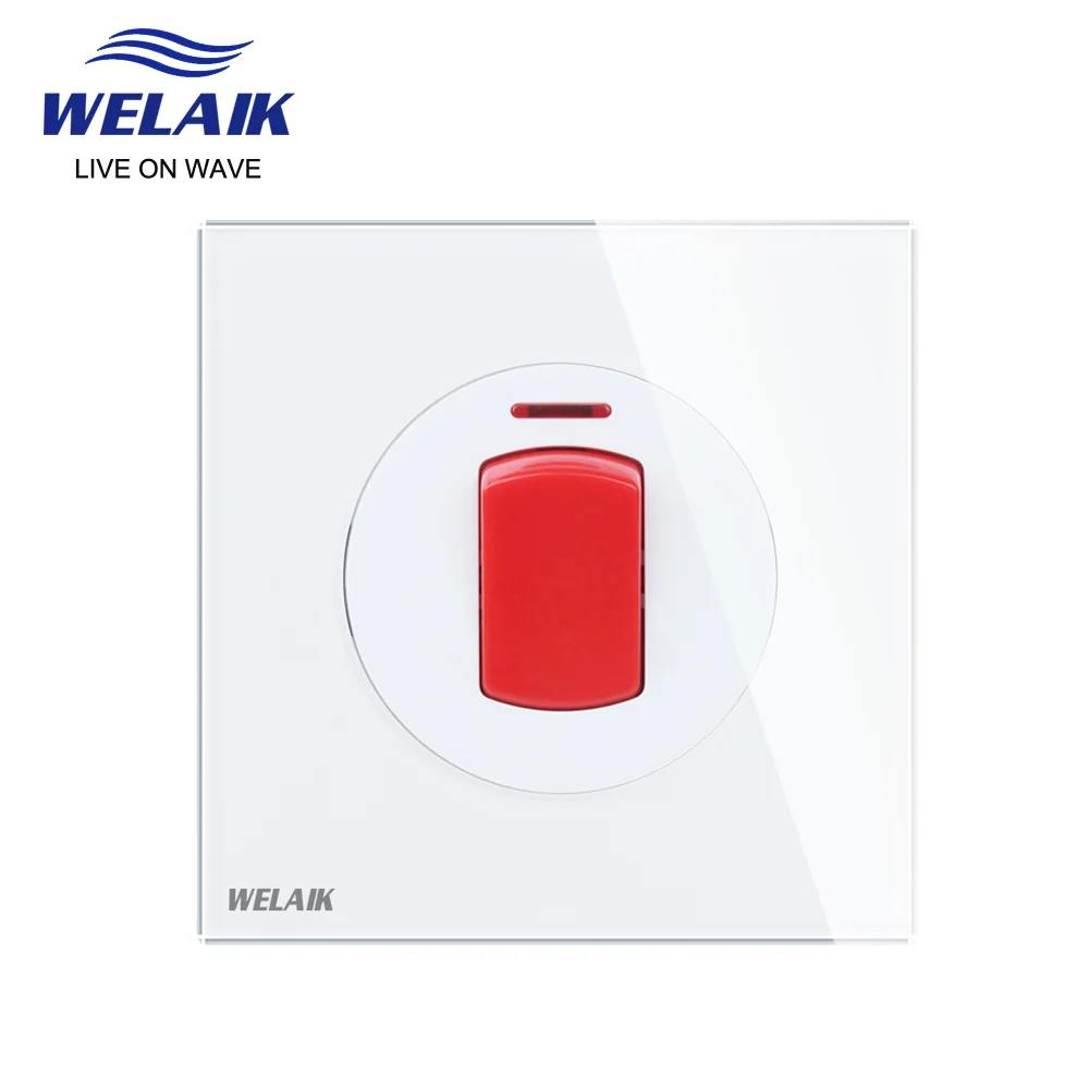 WELAIK  Glass Panel Water heater Wall Waterproof box switch 20A/45A White UK Standard Button wall switch AC110~250V B1711-20AFJW