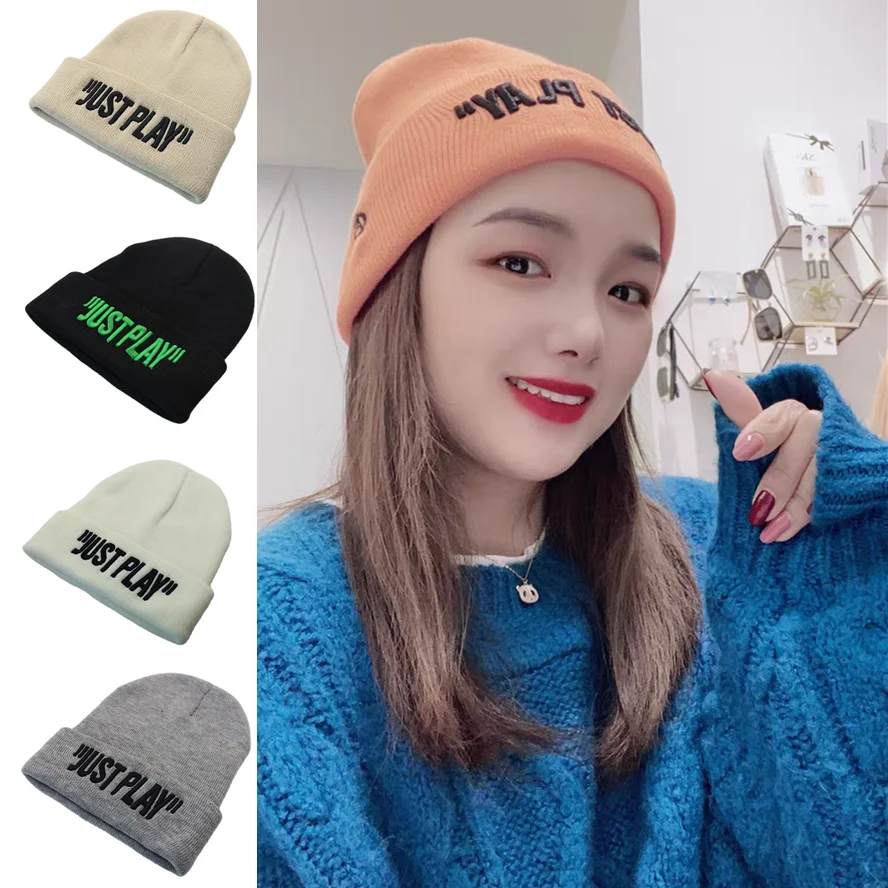 

2021 New Fashion Solid Color Knitted Hat Winter Soft Outdoor Beanie Embroidery Just Play Hood Hat for Kids Casual Outside Hat