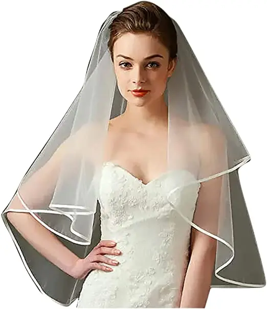 2 Tier Ivory Short Women’s Wedding Veil Fingertip Length Tulle Bridal Veil Ribbon Edge Veil Bachelorette Party Veil Wedding Head