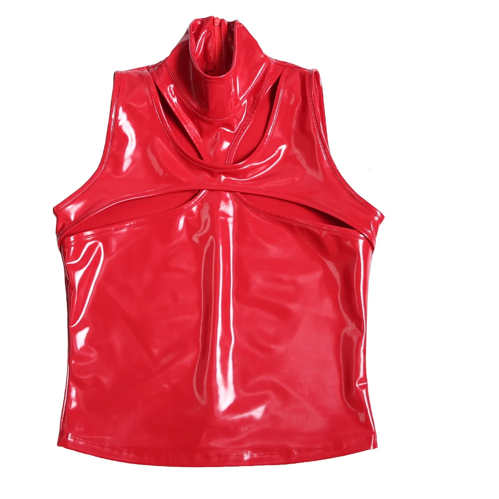 

Wet Look Faux Latex PVC Half High Collar Tank Top PU Leather Hollow Out Bust Hot Sexy Bustier Tops Night Clubwear Cropped Camis