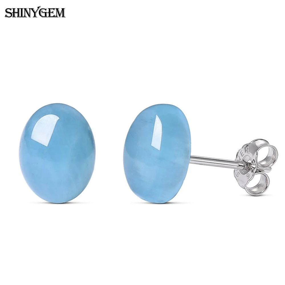 ShinyGem Fashion 7*9mm Elegant Sky Blue Oval Aquamarine Stud Earrings Handmade 925 Silver Needle Natural Stone Earring For Women