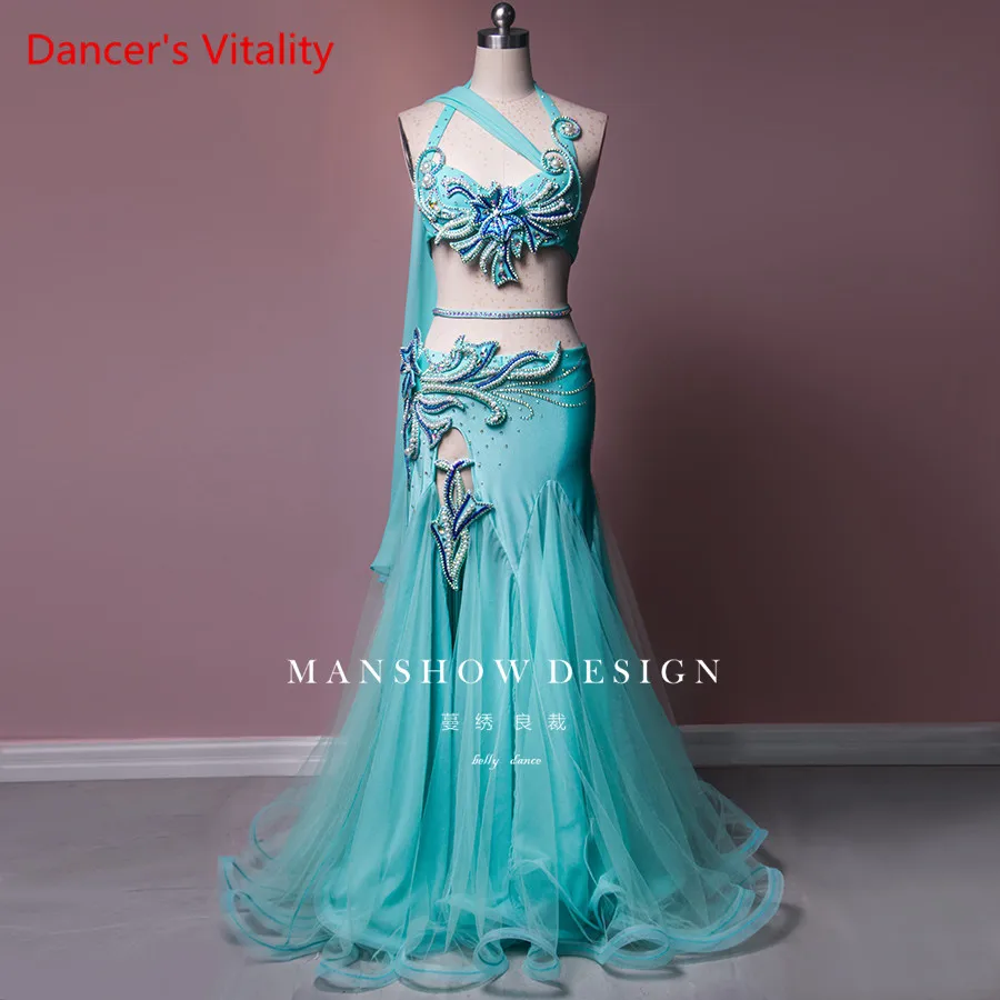 Belly Dance เครื่องแต่งกายเซ็กซี่ High-End เต้นรำเครื่องแต่งกาย Sky Blue เอวห่วงโซ่ Belly Dance หรูหราการปรับแต่งชุด