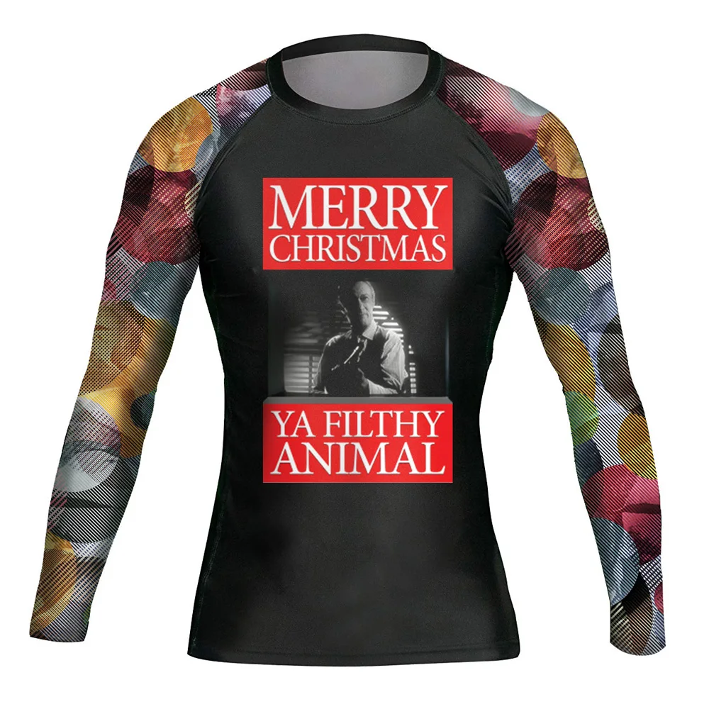 Merry Christmas Ya Filthy Animal Mens Gym Workout Exercise Long Sleeve Tee for Muay Thai MMA Thai-kickboxing