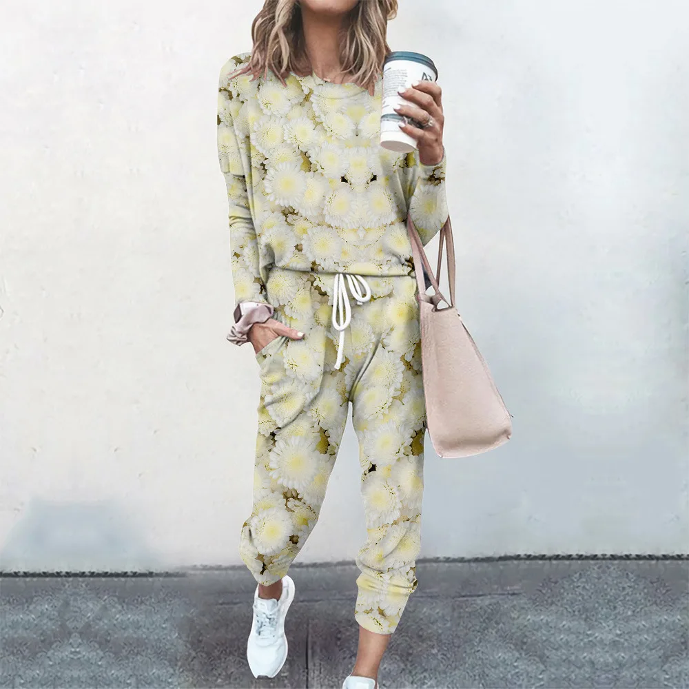 

Spring 2021 Fall Streetwear 2 Piece Set Women Street Style Outfits Matching Sets Sweatsuit Lady 3D Floral Print Tracksuit Female