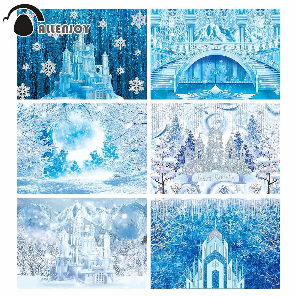 

Allenjoy Winter Wonderland Backdrop Frozen Party Castle Snowy Forest Landscape Birthday Supplies Props Decor Background Banner