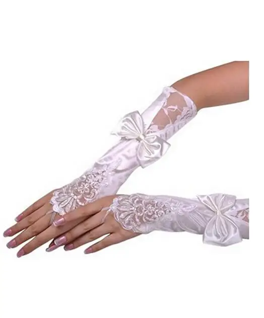 New Arrival White And Ivory Lace Wedding Bridal Gloves 2020 Beaded Sequined Fingerless High Quality Gloves Bride With Bow