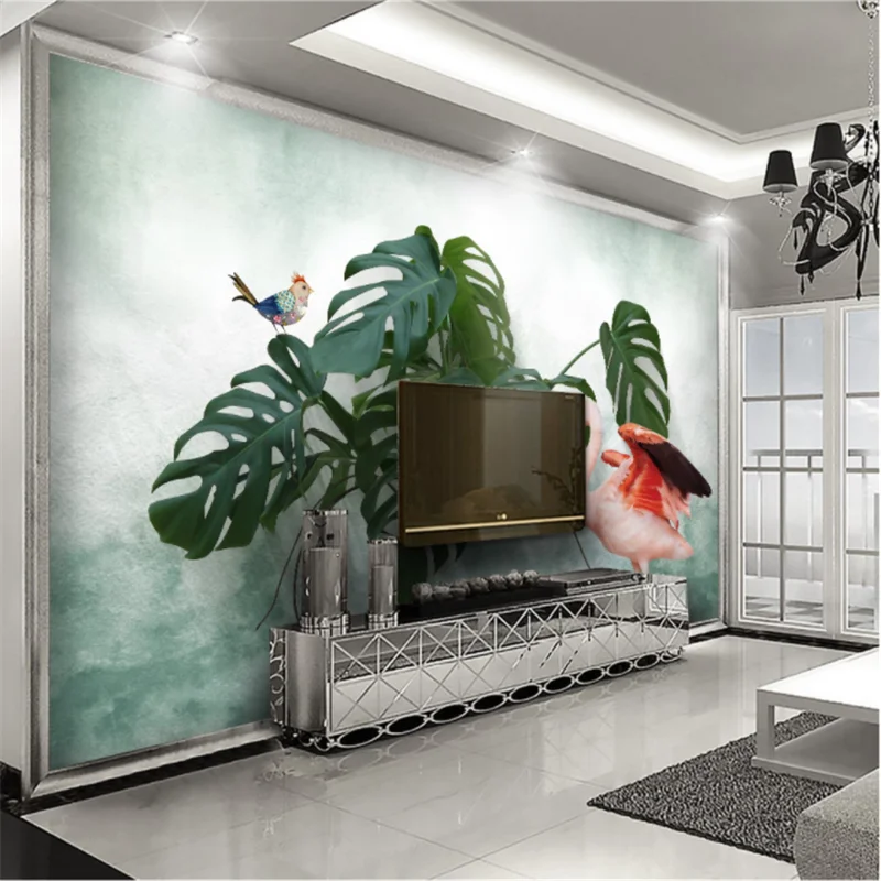 Custom Mural Wallpaper Small Fresh Monstera Leaf Flamingo Background Wall Painting