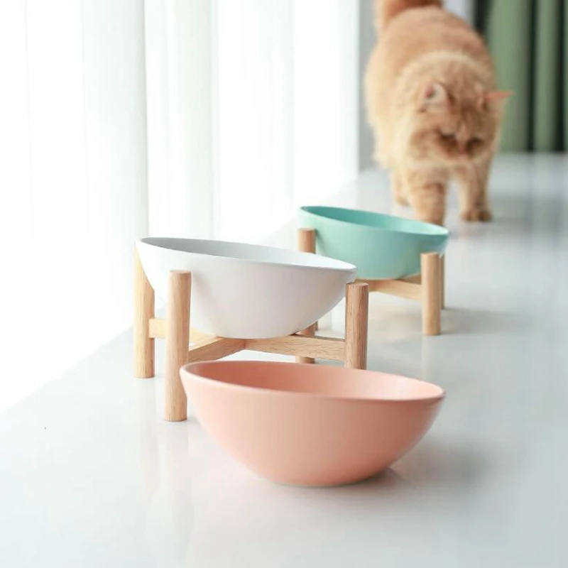 TECHOME Newest Design Pet Food Bowl Ceramic Cat Bowl With Wood Frame Bowl With Cross Frame Bevel Cat Bowl Pet Ceramic Bowl