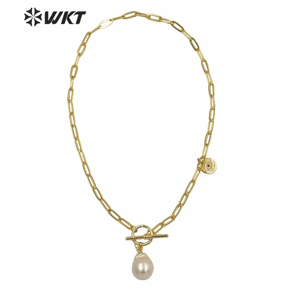 WT-JN129 High Quality Luxury Gold Eletroplated Brass Link Chain Baroque Peal Necklace Waterdrop Shape For Women Jewelry Gift