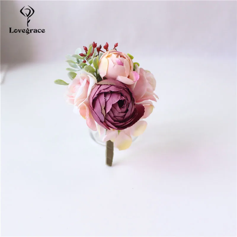 Lovegrace Corsage Groom Boutonniere Pin Bride Wrist Corsage Burgundy Champagne Silk Bracelet Men Prom Wedding Flower Accessories