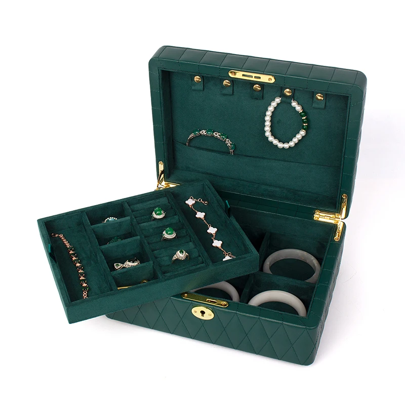 Green Multifunctional Leather Jewelry Box With Lock For Women Ring Earring Pendent Bracelet Jewellery Display Storage Showcases