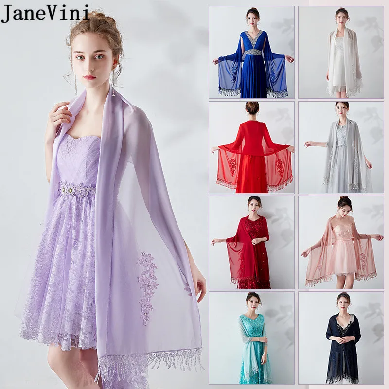 

JaneVini Summer Chiffon Bridal Shawls Lace Beaded Wedding Cape Boleros Tassel Elegant Bride Wraps Stoles Stola Chalas Mujer Chal