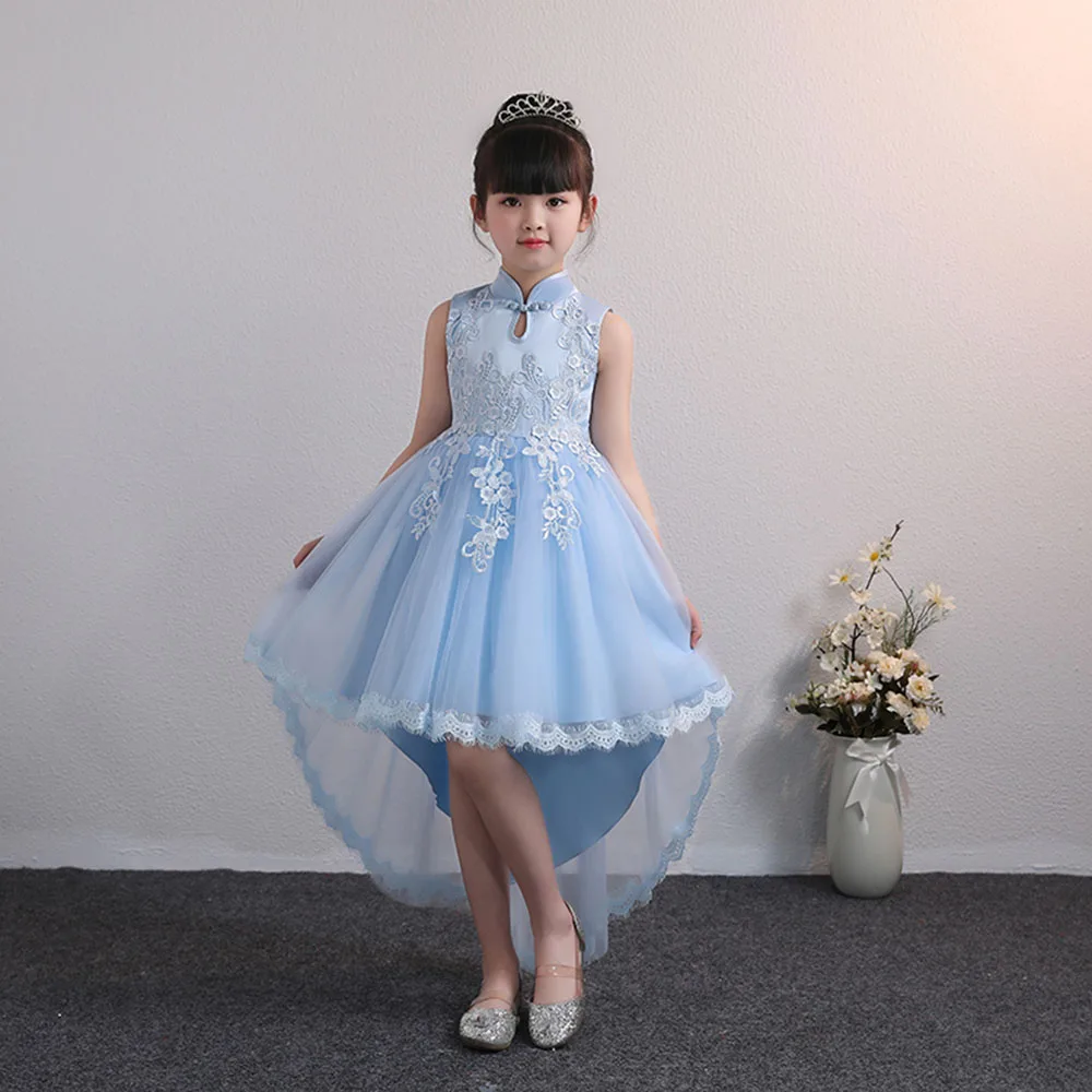 High Collar Lace Flower Girl Dresses Fashion Occasion Party Dress High Low With Back Bow