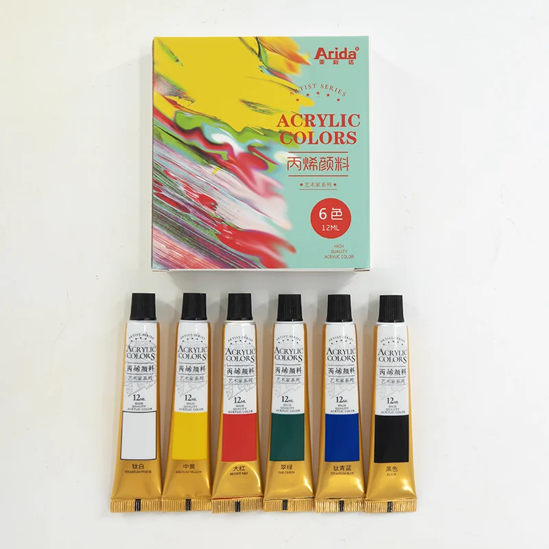 6 Colours Professional Acrylic Paint Set 12ml Tubes Drawing Painting Pigment Used in Arts and Crafts