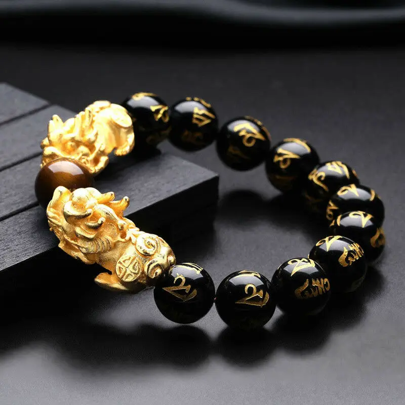 Fashion Hand-Knitted Natural Black Agate Pixiu Beads Elastic Bracelets Bangle