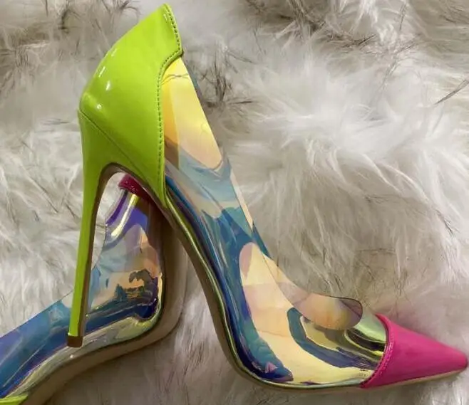 Dipsloot Pink Blue Pointed Toe Clear PVC Pumps Woman Neon Yellow Mixed Color Thin Heels Slip On Patchwork Shallow Wedding Shoes