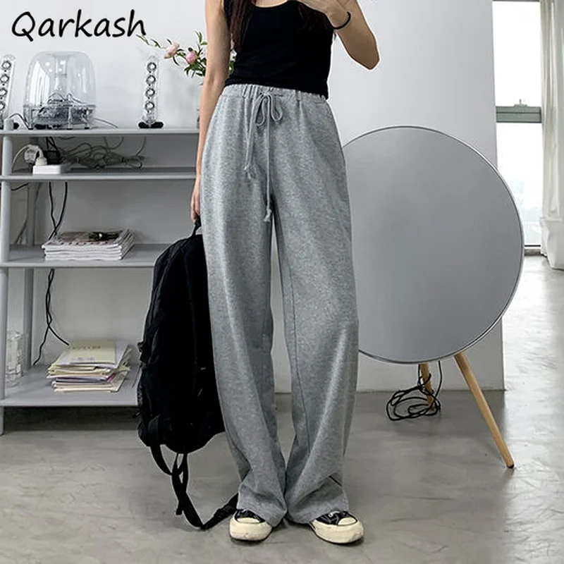 Wide Leg Pants Women Mopping Leisure Couple Drawstring Spring Basic Pure Comfortable Fall High Waist Daily Preppy Vintage Mujer