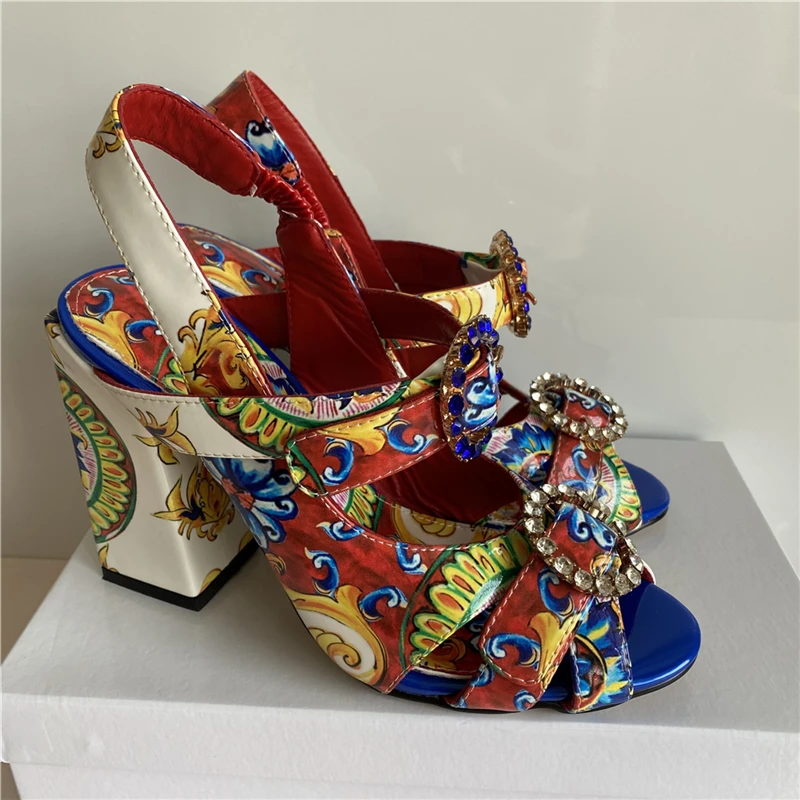 Exotic Summer 2024 Printed Color Sandals Women Ankle Strap Sexy Open Toe Square Heel Rhinestone Buckle Banquet Shoes Woman